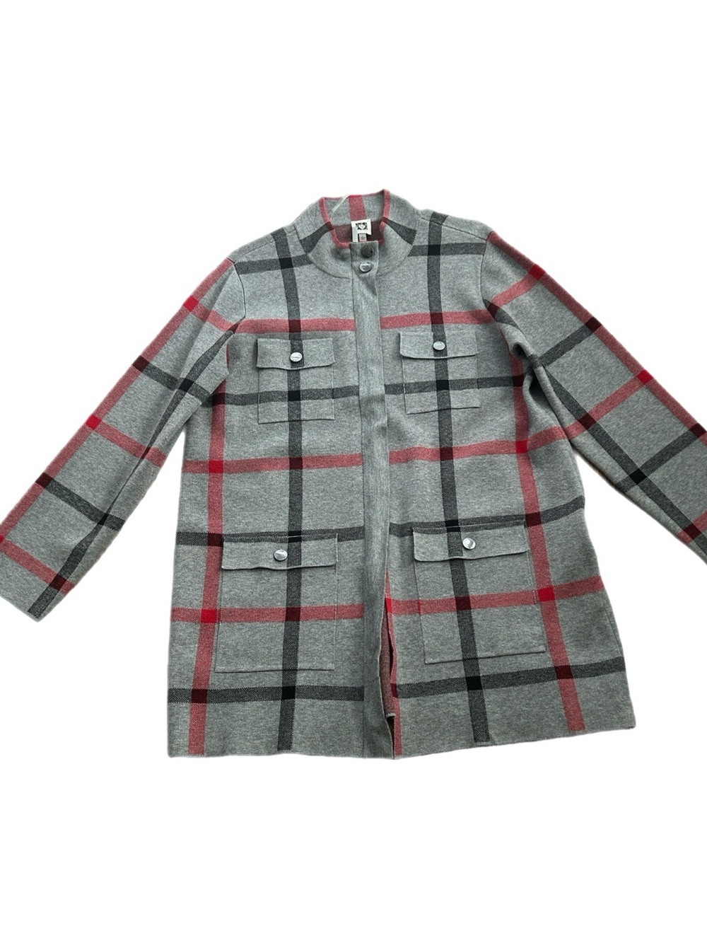 Anne Klein Grey Plaid Field Coat with Red and Black Windowpane